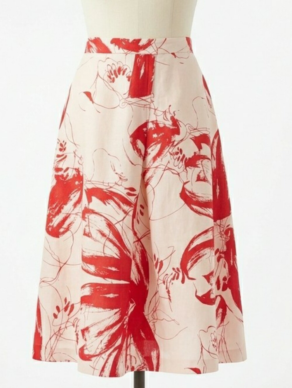 Classiques Entier Silk Linen Floral A-Line Skirt Red Cream Size 14 Below Knee